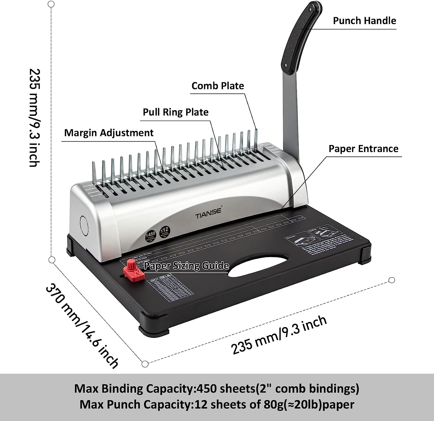 TIANSE Binding Machine, 21-Holes, 450 Sheets, Comb Binding Machines with Starter Kit 100 PCS 3/8'' Comb Binding Spines, Comb Binder Machine Book Maker Perfect for Letter Size, A4, A5 or Smaller Sizes - Image 5